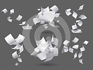 Falling paper sheets. Flying papers pages, white sheet documents and blank document page on wind isolated vector