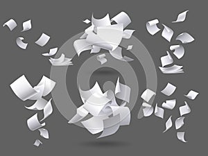 Falling paper sheets. Flying papers pages, white sheet documents and blank document page on wind isolated vector photo