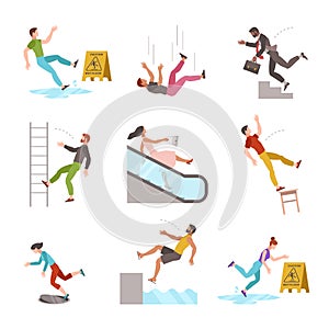 Falling people. Fall down stairs, slipping wet staircase or floor, stumbling man injured, dangerous dropping from chair