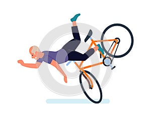 Falling people. Old man falls off bike. Dangerous traumatic situations during cycling, common accidents on walk, extreme
