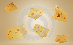 Falling pieces of Swiss, Dutch or Italian hard cheese. Triangular lump block of cheese Cheddar with holes. Advertising