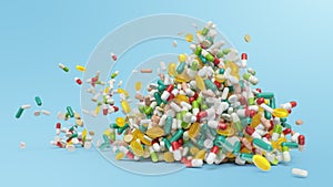 Falling pills, capsules on a blue background. Heap colorful pills. The rotating tablets form a hill. Pharmaceutical