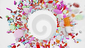 Falling Pills with Motion Blur Forming Circular Space For Logo - 3D Illustration