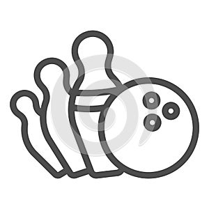 Falling pins and bowling ball line icon, bowling concept, strike sign on white background, Bowling ball knocking over