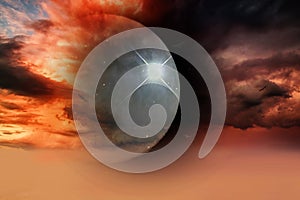 Falling planet silhouette against storm clouds sky illustration. Environment, disaste, cosmos, mystery, science.