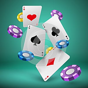 Falling playing cards and poker chips gambling background. Casino success game 3d vector concept