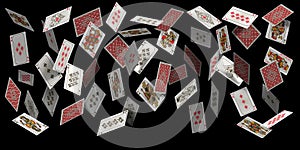 Falling poker playing cards, casino winner background. Realistic 3d flying card deck, joker, king, queen and ace