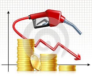 Falling Price of Gas. Fuel handle pump nozzle with hose like price falling graph