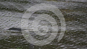 Falling rain drops in a puddle during rainfall on a rainy day in fall and autumn shows wet weather on the street as endless motion