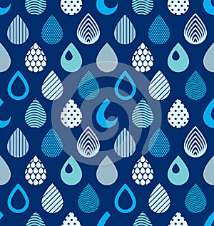 Falling rain drops water vector seamless pattern, blue colored repeat endless background.