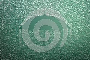 Falling raindrop on green background with Umbrella shape. Heavy rain and weather storm in raining season