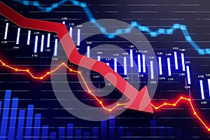 Falling red afinancial chart arrow on background. Crisis, downward trend and market crash concept. 3D Rendering