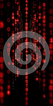 Falling Red Binary Code on Dark Background Digital Data Stream, Coding, Programming Concept
