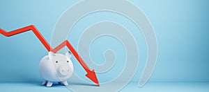 Falling red chart arrow with piggy bank on blue background with mock up place. Economic recession, losing savings concept.