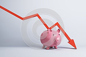 Falling red chart arrow with piggy bank on white background. Economic recession, losing savings concept.