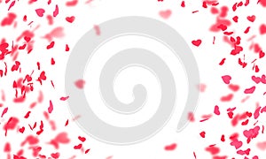 Falling red hearts on white background , Valentine`s day,white, red, holiday, love, romance, petals of hearts, frame ,wedding