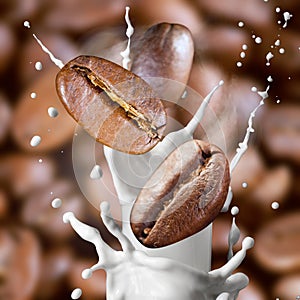 Falling roasted coffee beans with steam and milk