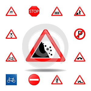 falling rocks icon. set of road signs icon for mobile concept and web apps. colored falling rocks icon can be used for web and