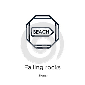 Falling rocks icon. Thin linear falling rocks outline icon isolated on white background from signs collection. Line vector falling