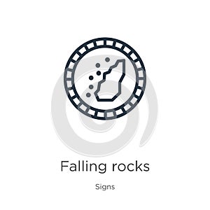 Falling rocks icon. Thin linear falling rocks outline icon isolated on white background from signs collection. Line vector sign,