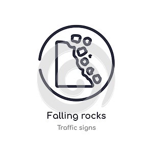 falling rocks outline icon. isolated line vector illustration from traffic signs collection. editable thin stroke falling rocks