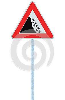 Falling rocks risk caution road sign on pole post, large detailed isolated vertical roadside stones traffic warning signage macro