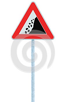 Falling rocks risk caution road sign on pole post, large detailed isolated vertical roadside stones traffic warning signage macro