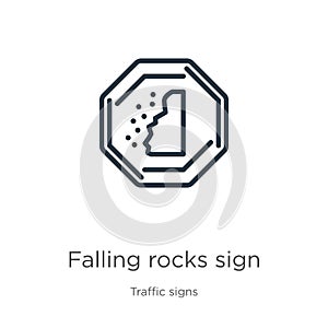 Falling rocks sign icon. Thin linear falling rocks sign outline icon isolated on white background from traffic signs collection.