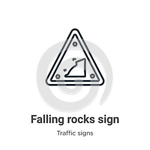 Falling rocks sign outline vector icon. Thin line black falling rocks sign icon, flat vector simple element illustration from