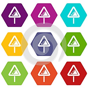 Falling rocks warning traffic sign icon set color hexahedron