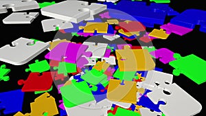 Falling, rotating abstract puzzle pieces in multicolor