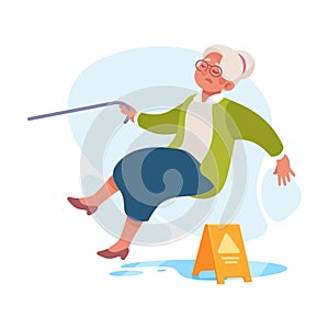 Falling Senior Woman Character Slip on the Ground Vector Illustration