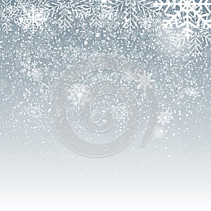 Falling Shining Snowflakes and Snow on Blue Background. Christmas, Winter and New Year Background. Realistic Vector