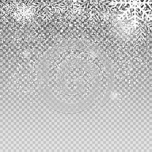 Falling Shining Snowflakes and Snow on Transparent Background. Christmas, Winter New Year . Realistic Vector