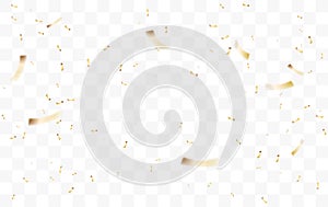 Falling shiny golden confetti isolated on transparent background. Bright festive stripe tinsel of gold color.