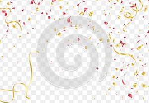 Falling shiny golden confetti isolated on transparent background.VIP flying sparkle elements, gold foil texture serpentine