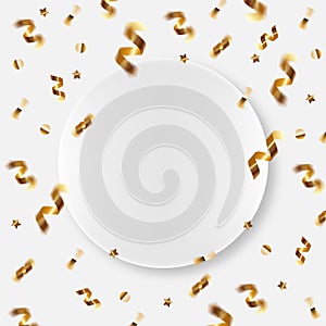 Falling shiny golden confetti on white background with frame or birthday or celebration banner