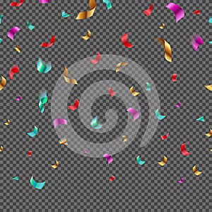 Falling shiny paper confetti pieces on checkered background. Seamless vector illustration