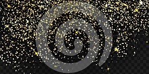 Falling shiny particles, Golden Confetti, stars, gold glitter texture isolated on black transparent background. Confetti