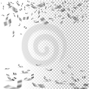 Falling silver confetti on transparent background. Vector holiday design element.