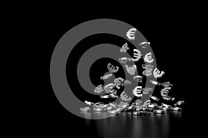 Falling silver euro sign. 3D rendering