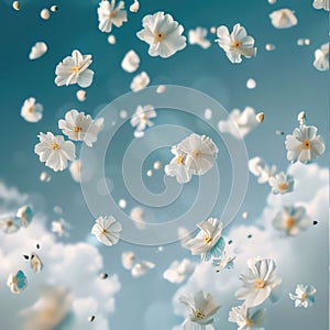 Falling from the sky of clouds white tiny flowers, petals. Flowering flowers, a symbol of spring, new life