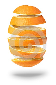 Falling sliced orange fruit