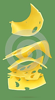 Falling slices of cheese on a green isolated background