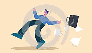 Falling slipped businessman with briefcase concept. Illustration of ruin company in form falling businessman.