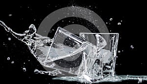 Falling small glasses and spilling water on a black background