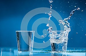 Falling small glasses and spilling water on a blue background