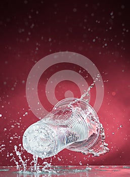 Falling small glasses and spilling water on a blue background