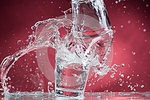 Falling small glasses and spilling water on a blue background