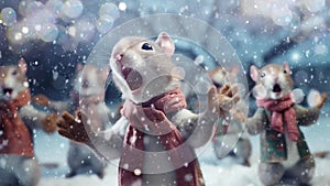 Falling snow animation. A squirrel singing carols. Minute loop video, 2k